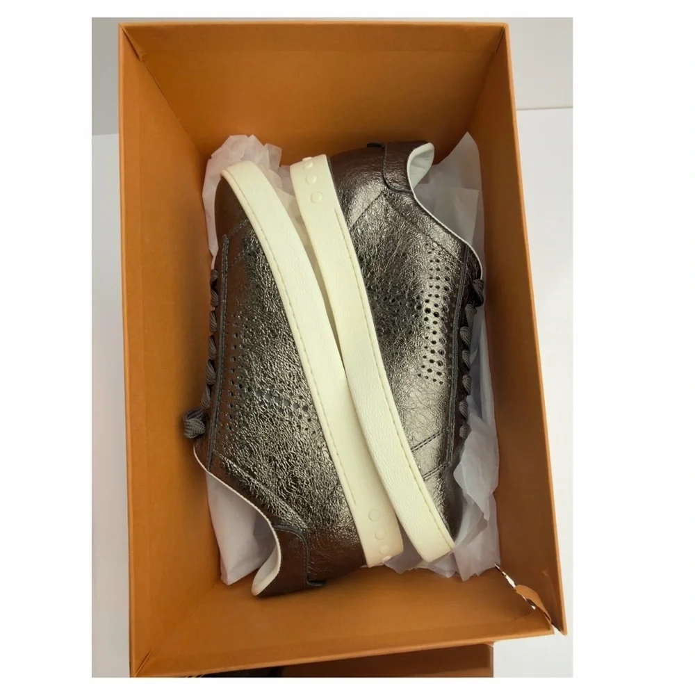 Tod's Women’s Metallic Gunmetal Silver Perforated Leather Low Top Sneakers NEW